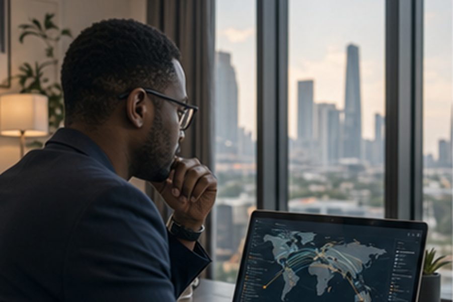 A desk in a DIFC office with a laptop showing a multi-currency spreadsheet and a stack of transfer pricing documents, with the Dubai skyline visible through the window.