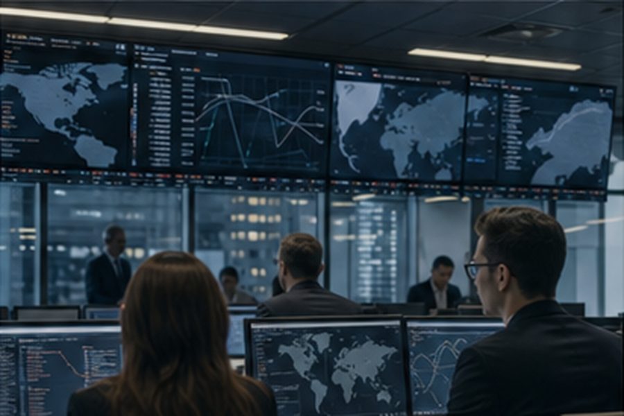 Office desk with three monitors showing AED, HKD, and GBP currency exchange rates, with a city skyline visible through a window in the background.