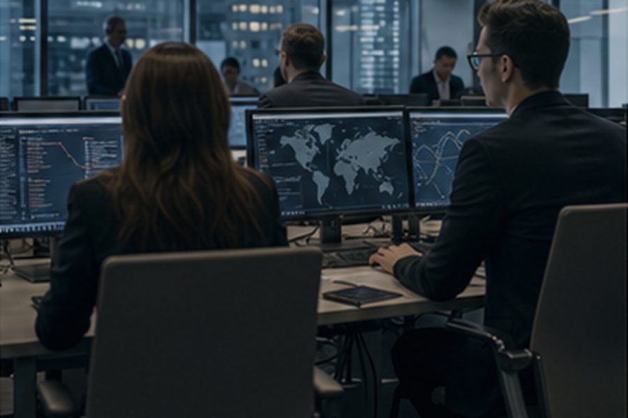 A laptop displaying a multi-currency treasury dashboard with GBP, USD and EUR balances, set on a desk in a glass-walled office overlooking the Dubai skyline at dusk, with the Burj Khalifa visible in the background.