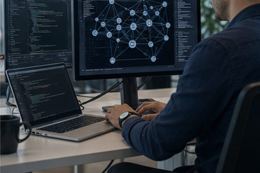 Corporate treasury desk with monitors showing blockchain transaction data and tokenized Treasury yield dashboard, representing the intersection of traditional finance and digital assets.