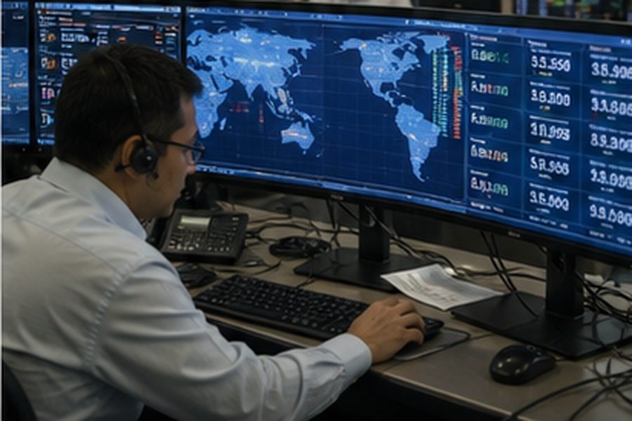 Warehouse interior with stacked pallets of inventory and a worker near a computer monitor showing futures trading charts, illustrating the inventory carry trade strategy for mid-market firms.